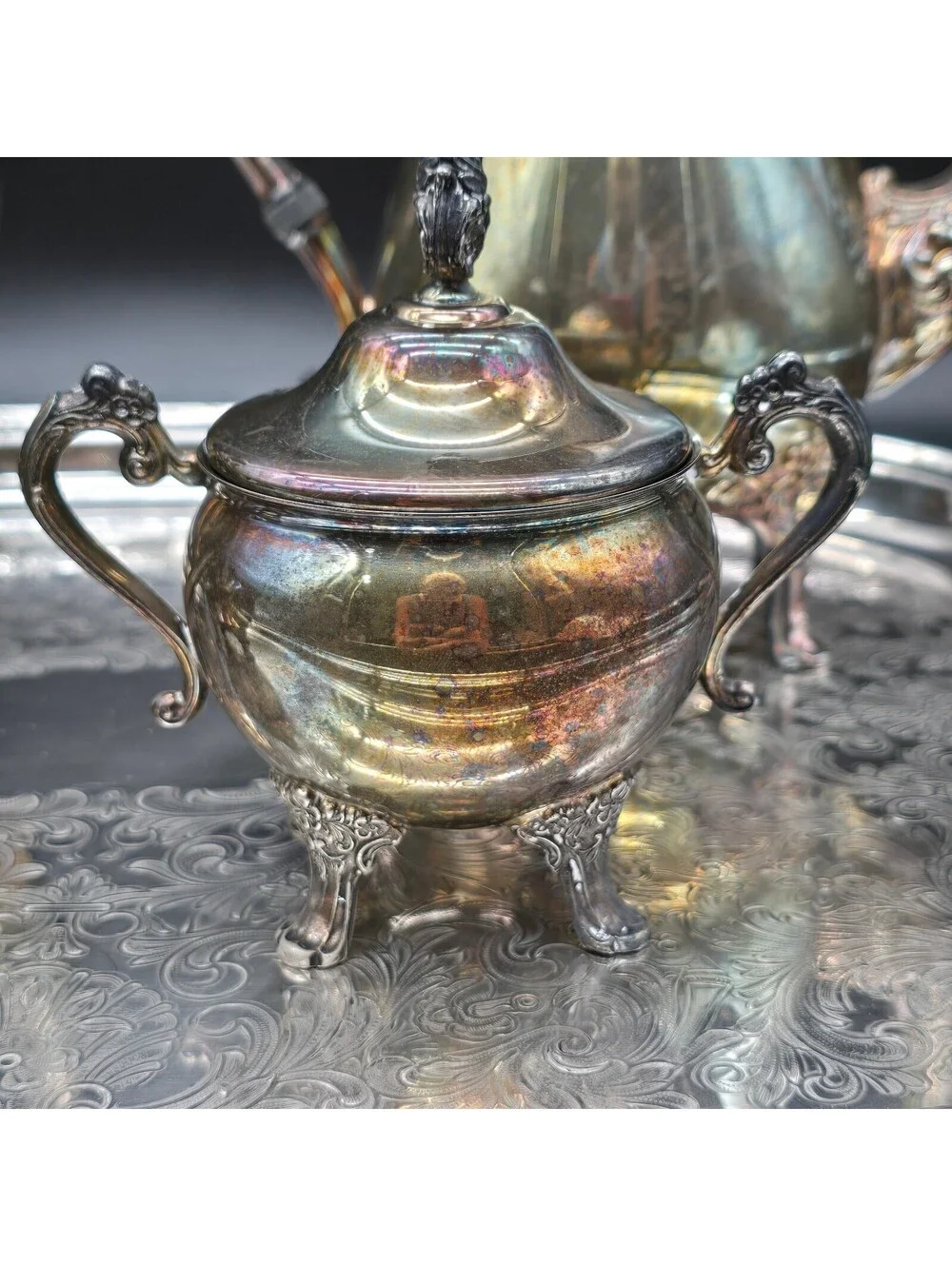 Vintage Suffolk Silversmiths Silverplate Coffee & Tea Set Tray  5 Pc Classique